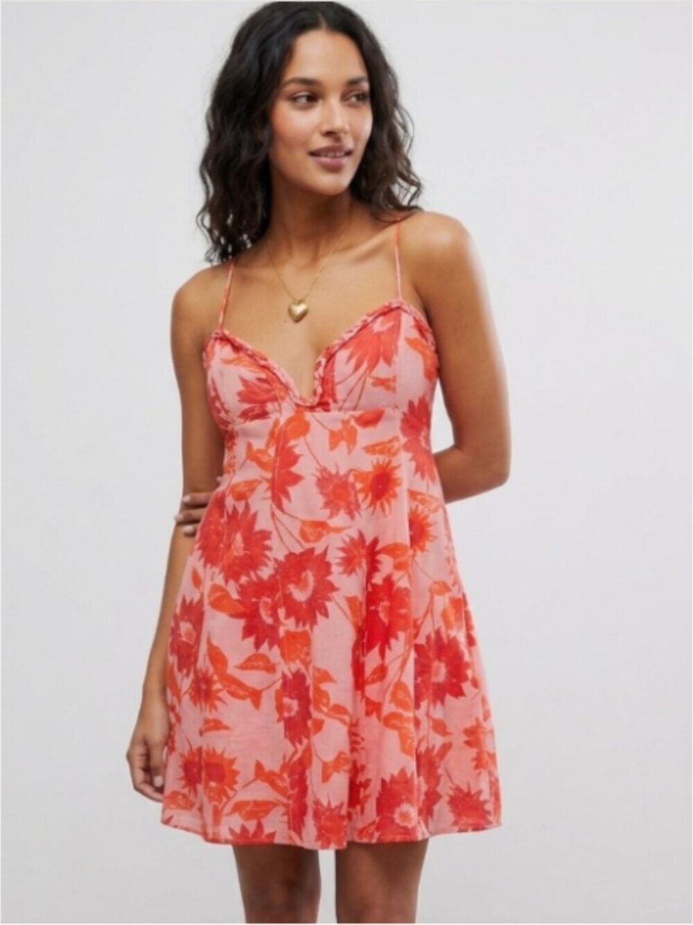 Free People Babydoll Pink Altura Mini Dress Floral Spaghetti Strap Linen Small